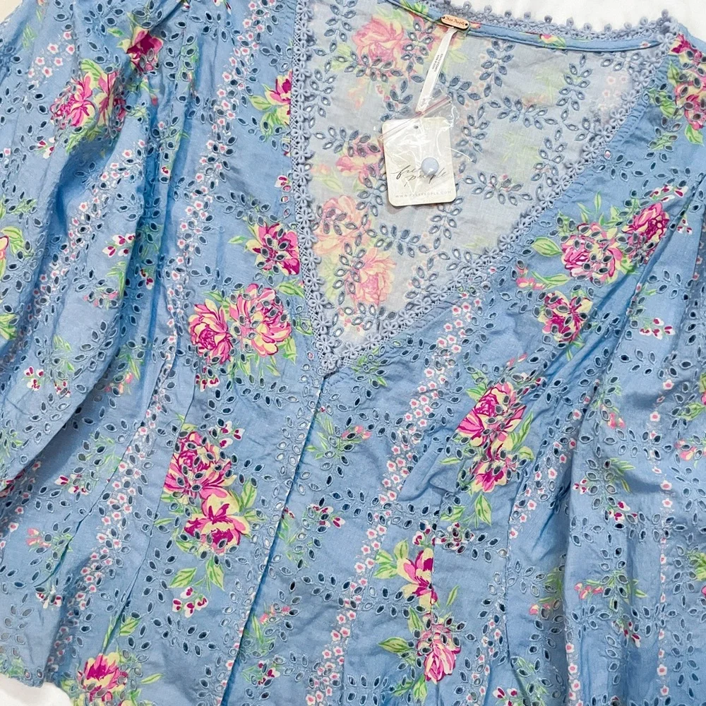 Free People Blue Floral Blossom Eyelet Top • NWT